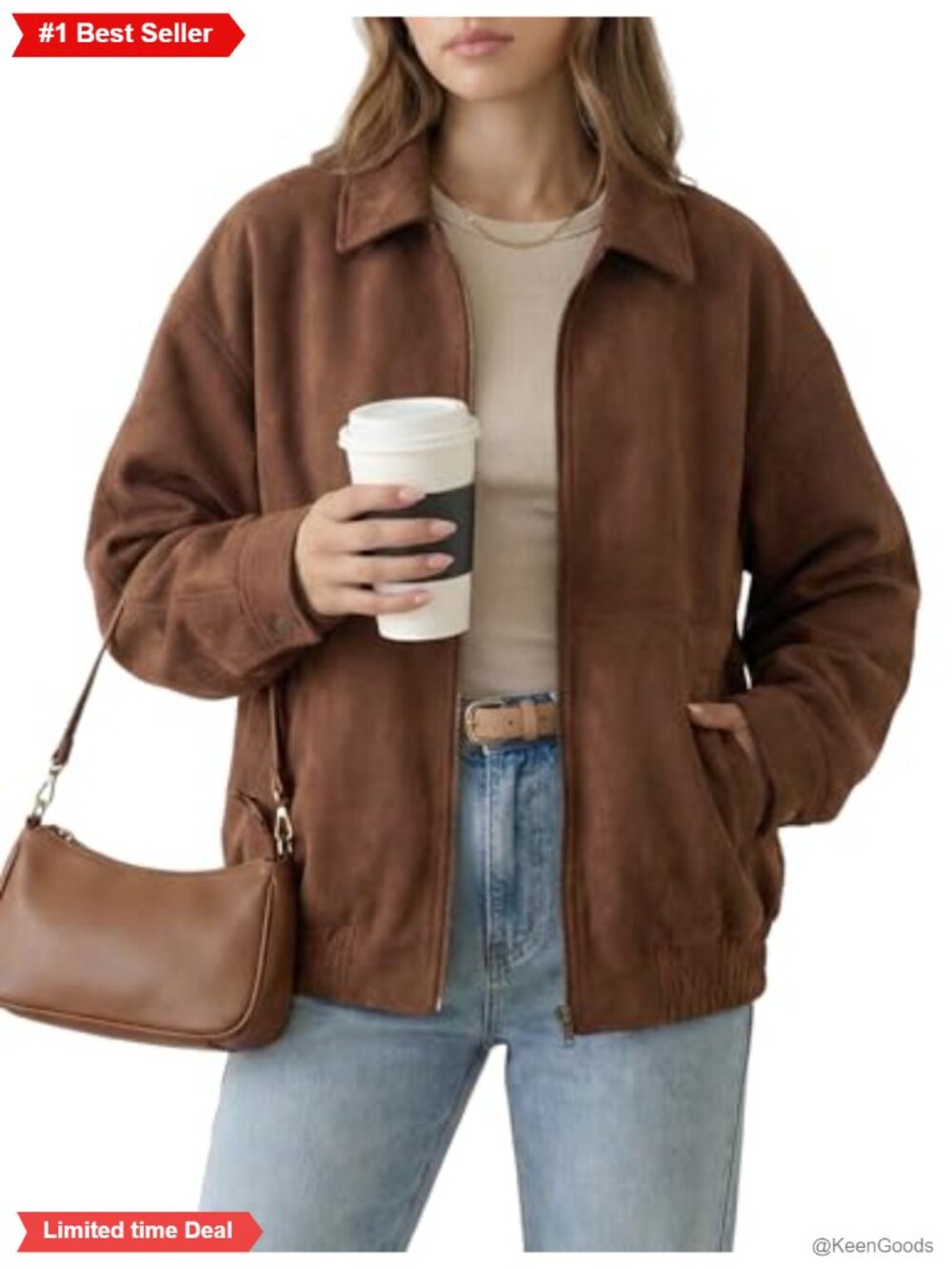 Faux Suede Oversized Zip Up Bomber Jacket with Pockets
